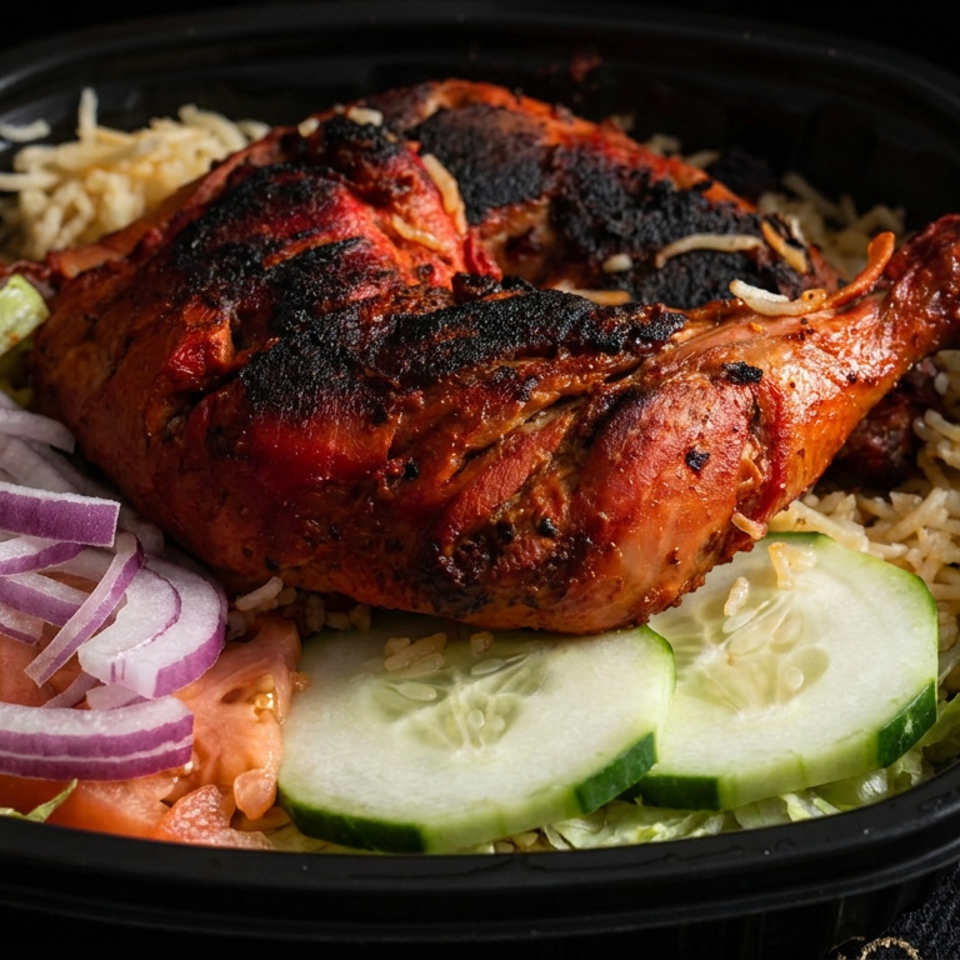 Charred roasted chicken leg served over seasoned rice with lettuce, cucumber, tomato, and red onion in a takeaway tray.