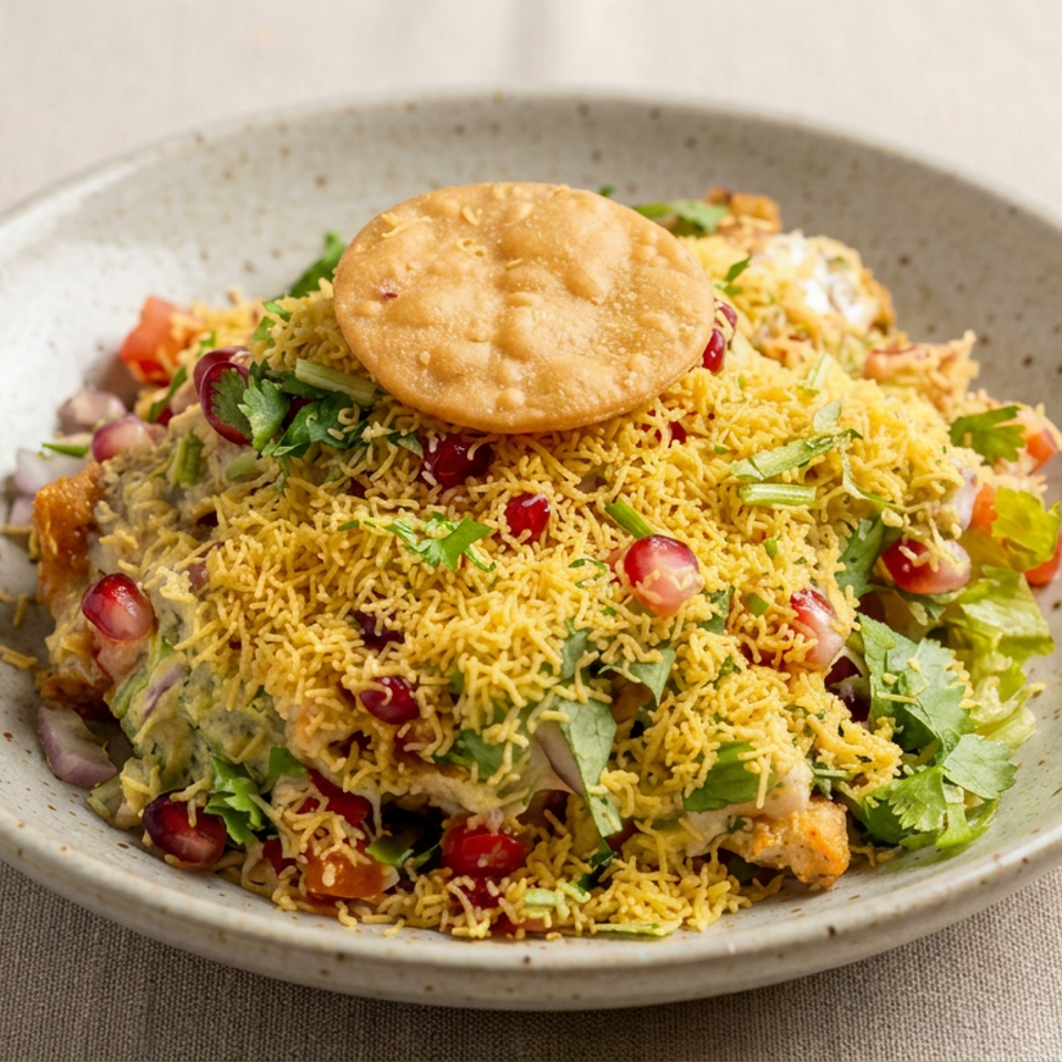 Indian chaat topped with sev, pomegranate seeds, cilantro, vegetables, and a crisp puri served on a ceramic plate.