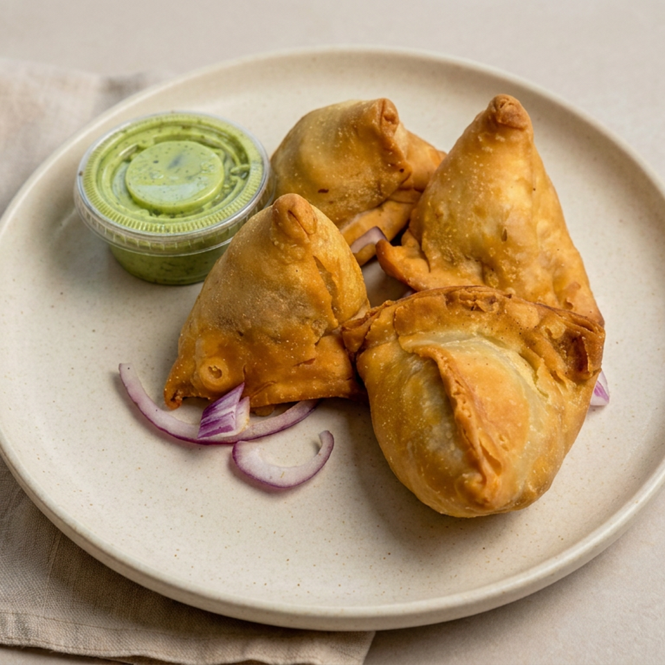 Four golden fried samosas on a ceramic plate with sliced red onions and green dipping chutney.