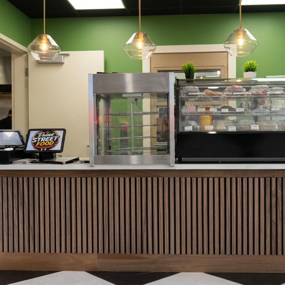 Modern restaurant counter with green walls, pendant lights, register, pastry display case, and branded street-food sign.