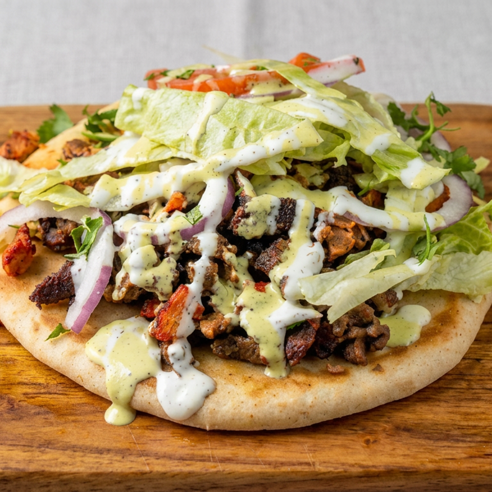 Loaded flatbread topped with grilled meat, lettuce, tomatoes, onions, herbs, and creamy sauces on a wooden serving board.